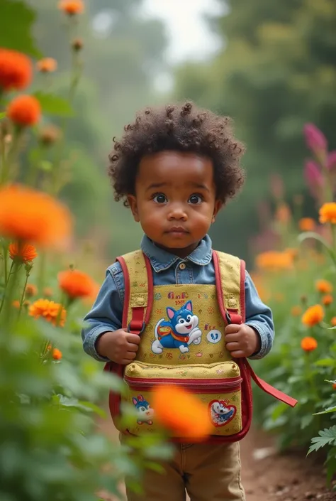 Photo of a baby with dark brown curly hair ,  dark brown eyes ,  going to school in a garden with a Bluey and Bingo backpack