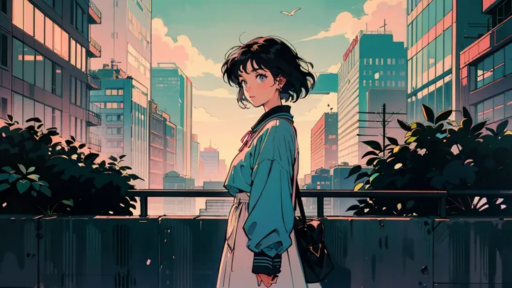 Retro 80s Tokyo evening, One woman. Black hair She is standing at a bus stop. City pop. Expressions that evoke relaxation and nostalgia. Around her, Eco-friendly skyscrapers blend with traditional architecture. She embodies the idea of lofi coziness in thi...