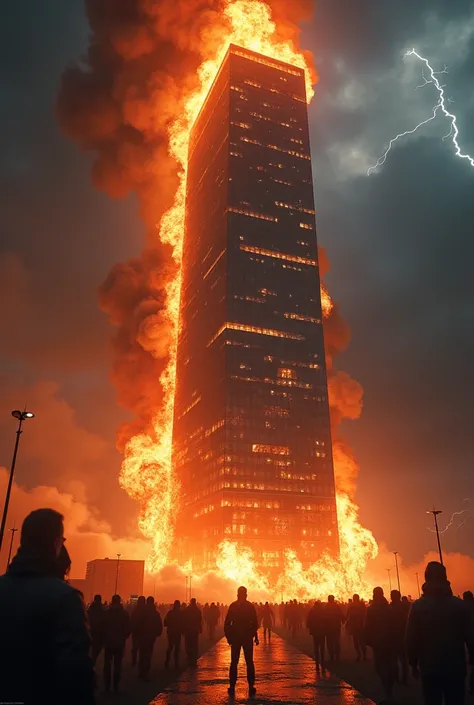  Building of a large company written Sinergy on fire, Night with a storm storm ,  people standing away watching the building catch fire .