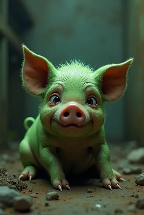 Make an image of a bullied green pig