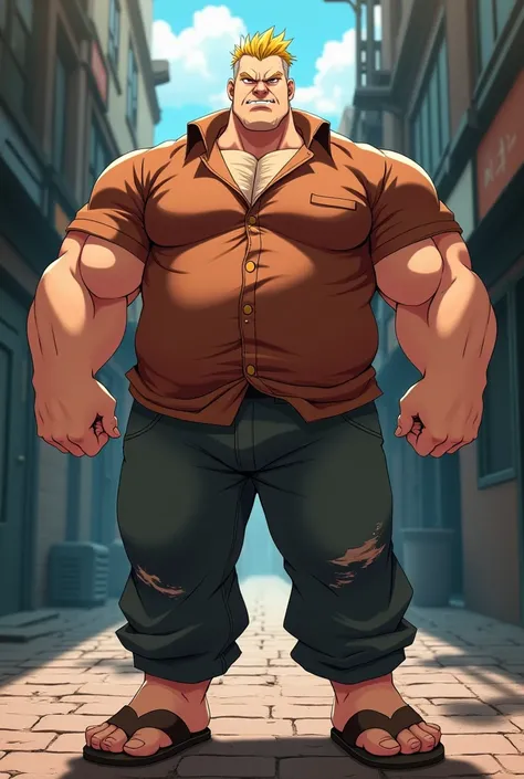 Tall man, with short yellow hair, muscular, grumpy, in Anime, wears his mahogany shirt, with dark gray pants, with brown sandals, standing at the brick way