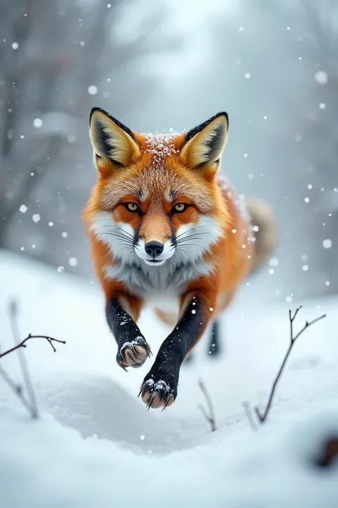 Fox jumping headfirst in the snow
