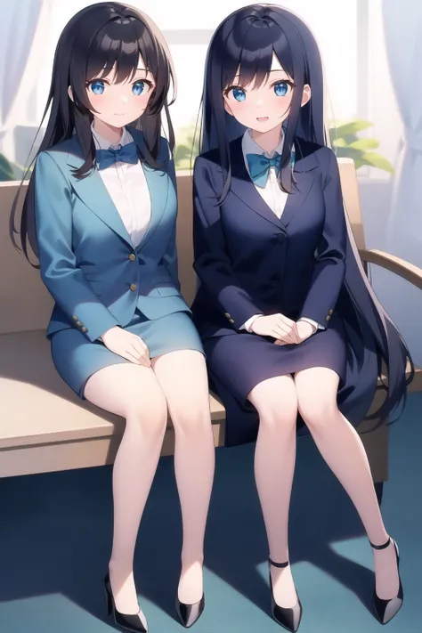 high school students ， Has long, dark hair ， with warm blue eyes ， Wore a fresh blue suit and black heels ， pure white collar and bright green bow 。 has long dark hair and warm blue eyes ， sitting in a chair