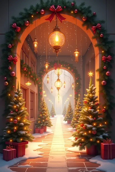 Hallway decoration with turnel mode arch decorated with hanging Christmas items 