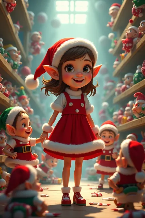 Image of Christmas as a  with Santa Claus and the prankster elves in the Christmas toy factory and the first name Emelyne written