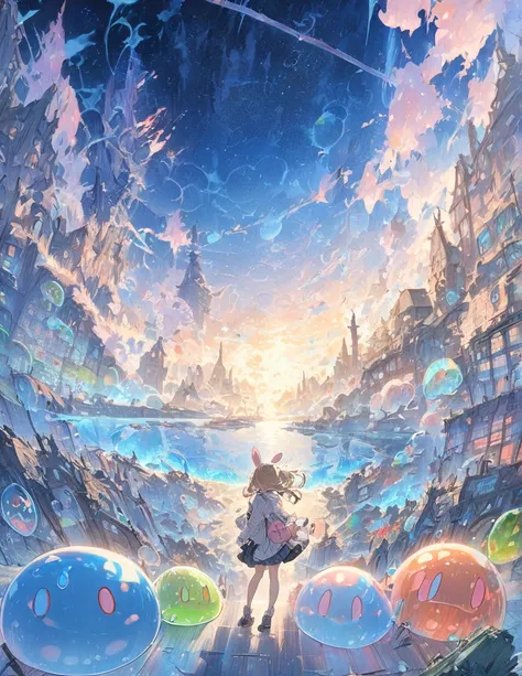 (( style :Colored pencil,Light color))、(Anime)、(masterpiece:1.2), atmospheric perspective , lens flare、Slime and girl 、  Fantasy World  、cute、charming rabbit、Traveling Girl