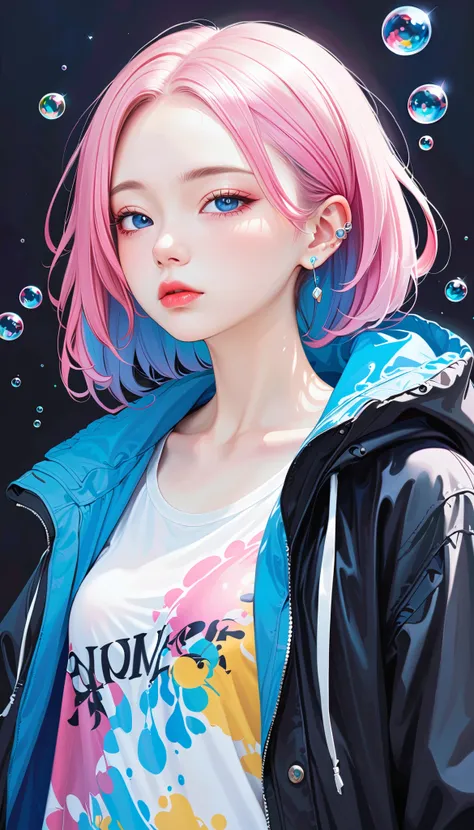 1girl, Alone, Chest, Viewer,  blue eyes,  Simple Background ,  black background , Ear studs , large breasts, Lazy, Half-closed eyes, Dye your hair, Bubbles,  functional jacket ,  upper body, Open clothes, abdomen, From the side, open coat, Lips,  oversized...