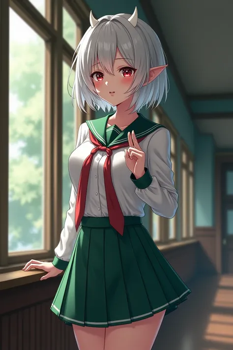 anime, attractive demon woman ,  big breasts, short white hair, red eyes,  two small white horns stick out of her forehead ,  and wears a semi-formal white and green academy uniform,  with red tie , and short green skirt ,  wears a playful face ,  a quiet ...