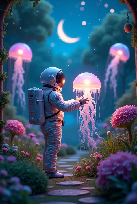 Meilleure qualité, 4K, 8K, HD, chef-dœuvre : 1,2), très détaillé (réaliste, photoréaliste : 1,37), scène colorée, vibrante et éclairée, jardin au clair de lune, astronaute dans un magnifique costume lumineux entouré dune lumière éthérée, interaction amusan...