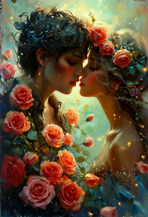 (masterpiece), (high quality), oil painting, Surrealism, bouquets, roses,  sweet kisses, magic gifts 