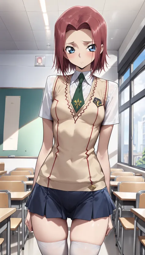 (masterpiece,best quality,amazing quality,very aesthetic,absurdres,newest),official style,student council room,cowboy shot,(hair down,Kallen Stadtfeld,Alone,code geass),(adult:1.2),(very small head:1.2),red hair,short hair,(gorgeous eyes),shy,(ideal ratio ...