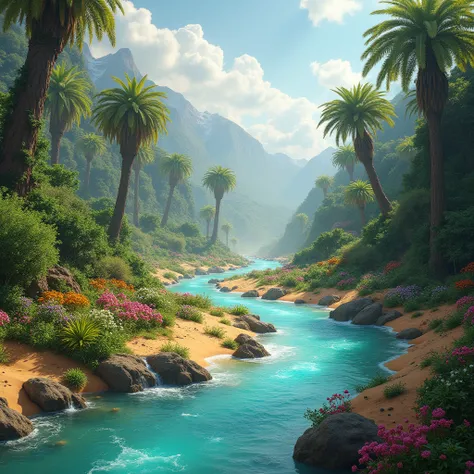 (photorealism:1.2), A breathtaking photograph of a magical forest merging into a desert, showcasing vibrant rivers and lush flowers, high detail, natural colors, stunning depth of field, cinematic lighting, impressive background composition, rules of photo...