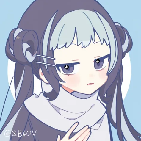 Black hair color，眉上 bangs，Twin ponytails，丸子发在Twin ponytails顶部；, light blue, dyed part ： bangs，Temples，Twin ponytails内夹杂蓝色头发。disgusted with the world，Flat corners of the mouth 。 black eyes ， Two clips on the right side of the sideburns。, worn with a black c...