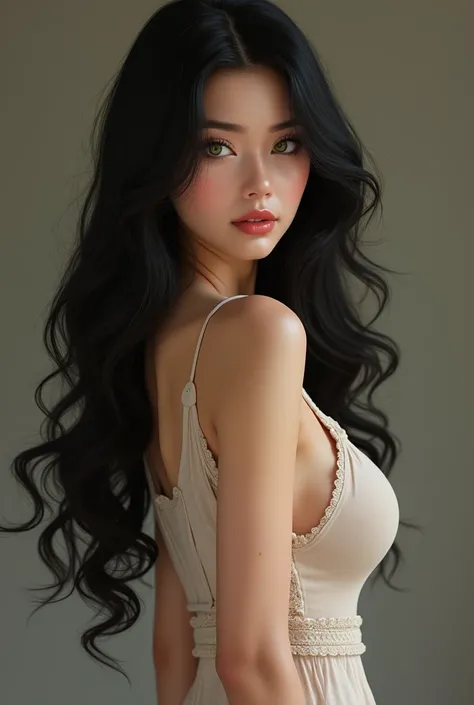  a woman of Uzbek descent ,  21 years old , 1, 68 tall , 60,57 kilos ,  youthful looking . 
Black, LONG,  has slightly wavy and bushy hair . 
 Dark green ,  She has slanting asian eyes . 
 Body measurements 100 chest-66 waist-108 hips .  wears an 85 d bra ...