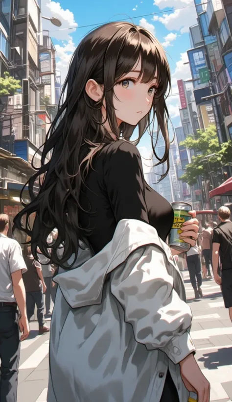  women have dark brown long hair with bangs 、 wearing a black top under a white shirt with canned juice in one hand１Rear view of people walking around the city 

