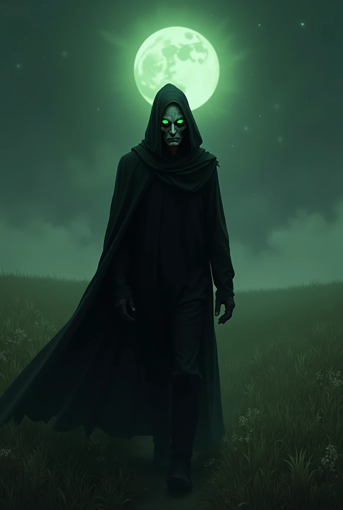 Create a man with a face of suffering and scars on his face with eyes as green as emeralds in black robes and a hoodie walking on the field at night his pale skin 