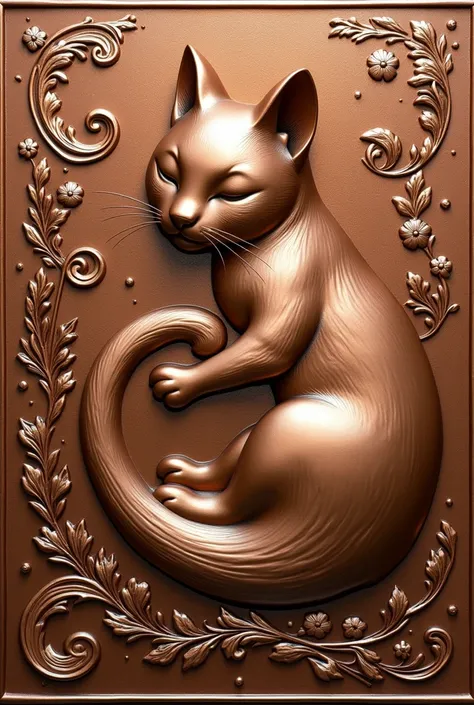 Copper relief art, cute Sleeping Cat, shining glossy plated, contrasts of light and shadow, best quality