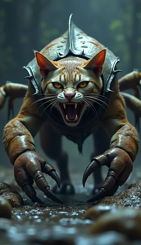 Realistic image of cat and crab hybrid powerful and scary