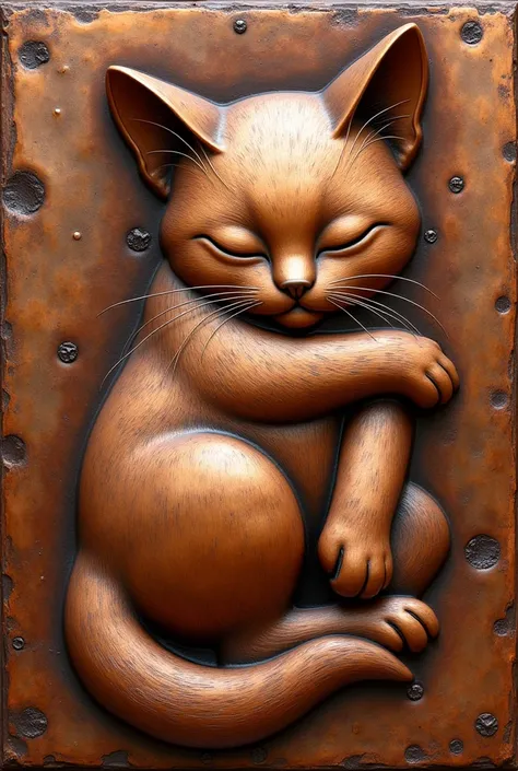 Copper relief art, cute Sleeping Cat, shining glossy plated, contrasts of light and shadow, best quality