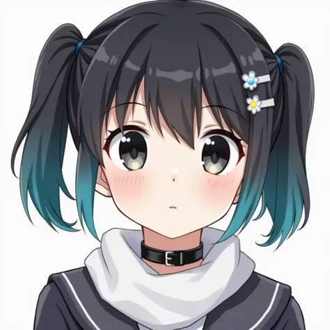 Black hair color，How to make bangs ，Twin ponytails， in Twin ponytails ；, light blue, dyed part ： bangs，Temples， Twin ponytails with a short haircut。disgusted with the world，Flat corners of the mouth 。 black eyes ， Two clips on the right side of the sidebur...