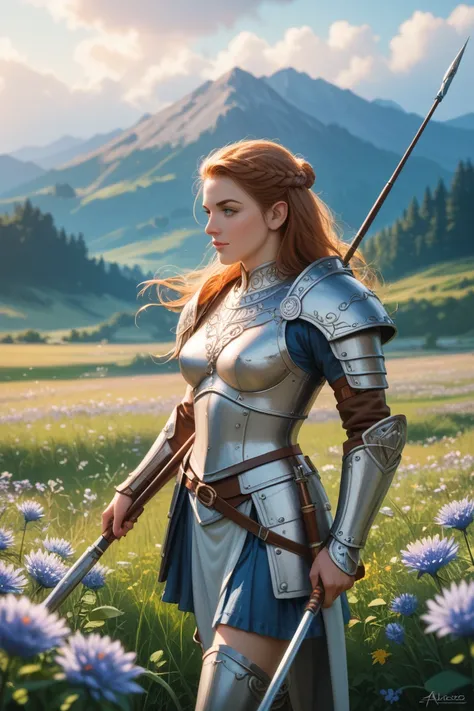 Graphic novel style, Princess Marpessa stands in a field of wildflowers, a serene yet powerful presence. Her beauty is captivating, reflecting both her outer grace and inner strength. The landscape hints at the influence of her grandfather, Ares, with subt...