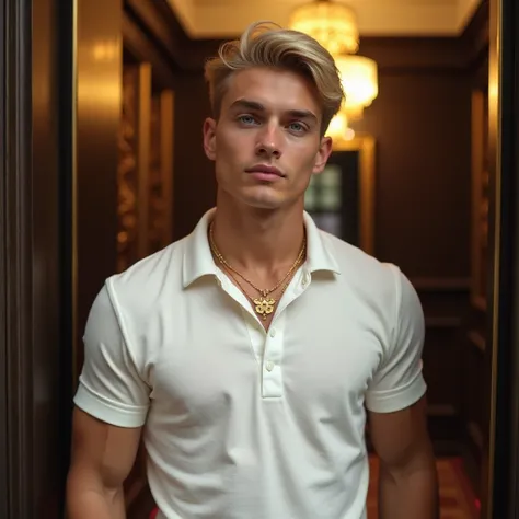 Hot finance man, blonde, blue eyes, white polo shirt, necklace, slim, athletic, cute, nice, young, elevator, old money style, social event, husband