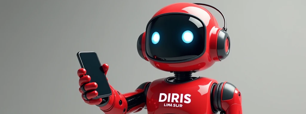 an animated robot virtual assistant ALWAYS happy with a smile and that says DIRIS LIMA SUR on his chest as a kind of logo,  in addition to using a cell phone pretending to be answering questions . The colors of the robot have to be red and gray . MAKE THE ...