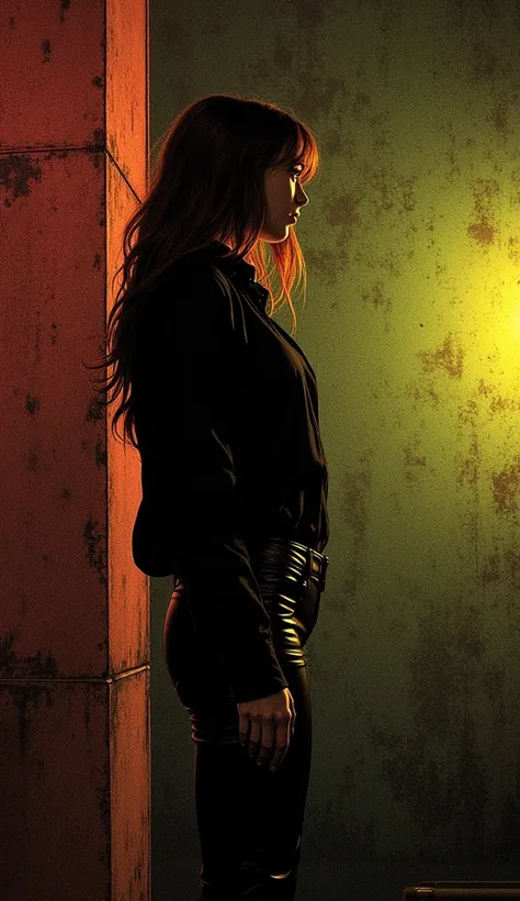 The shadow of a tall, slender young woman is cast against a wall in a dark and eerie environment. She is wearing tight black leather trousers and an open black shirt, both garments adding an air of mystery and sophistication to her slender figure. The scen...