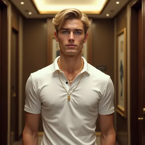 Hot finance man, blonde, blue eyes, white polo shirt, necklace, slim, athletic, cute, nice, young, elevator, old money style, social event, husband