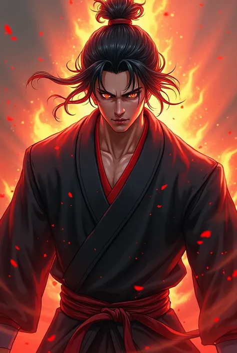 Physical Appearance:

Height and build:

Of imposing stature, with an athletic and muscular complexion, the result of his intense physical and spiritual training from an early age.


Hair and eyes:

Black hair with crimson highlights, evoking the flames of...