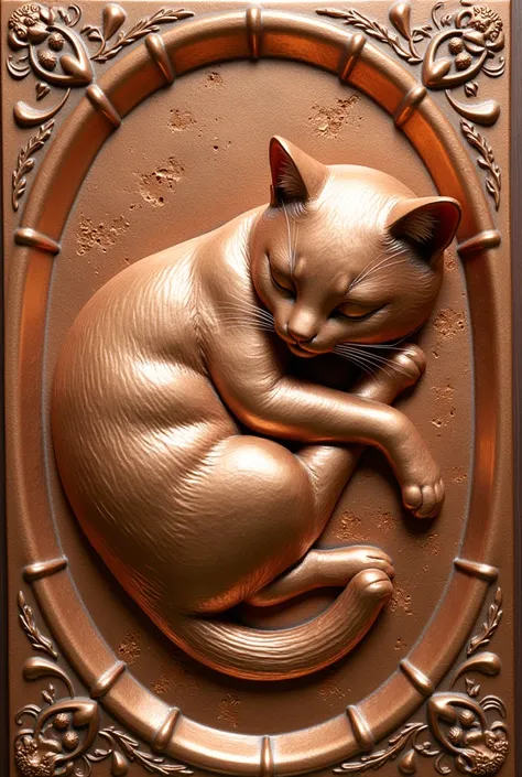 Copper relief art, cute Sleeping Cat, shining glossy plated, contrasts of light and shadow, best quality