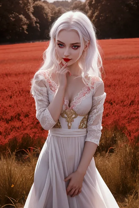 young Slavic girl  ,   white hair over the shoulders  .  pale skin,   almost translucent  ,  small red lips  ,   Mischievous smile  ,   dark purple eyes  ,  They look like provocative ,   small breasts dazzling dress in dark colors — crimson and gold..   T...