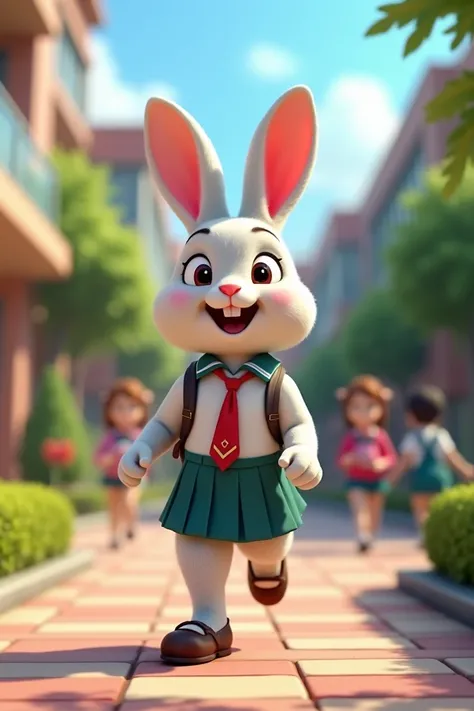 Bunny dressed as a student cheerfully goes to school.3D IMAGE