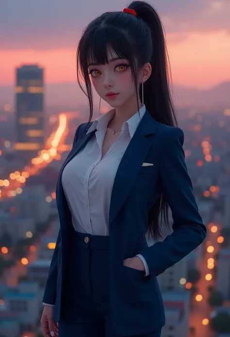 (evening:1.7), (full body photo:1.5), city view, east of Ventana, standing at attention, formal, blue jacket, falda tubo, white shirt, black hair, long hair, force below the waist, waist slim, yellow eyes, hit, ponytail, 1 girl, s, young girl, beautiful,, ...