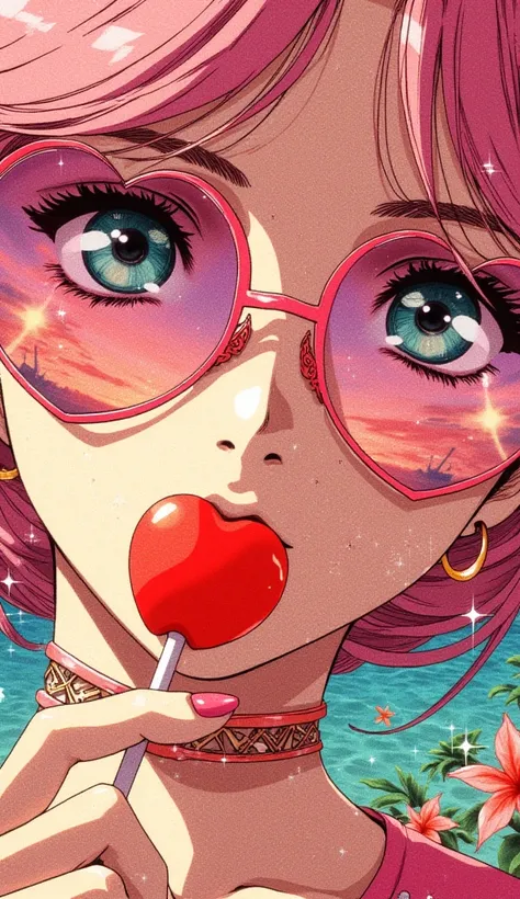 Dreamy close-up of a young woman, focusing on eyes and lips. Bright pink heart-shaped sunglasses reflecting a vibrant sunset over tropical waters. Big expressive turquoise eyes with long dramatic lashes and pink highlights. Soft pink hair with floating loc...