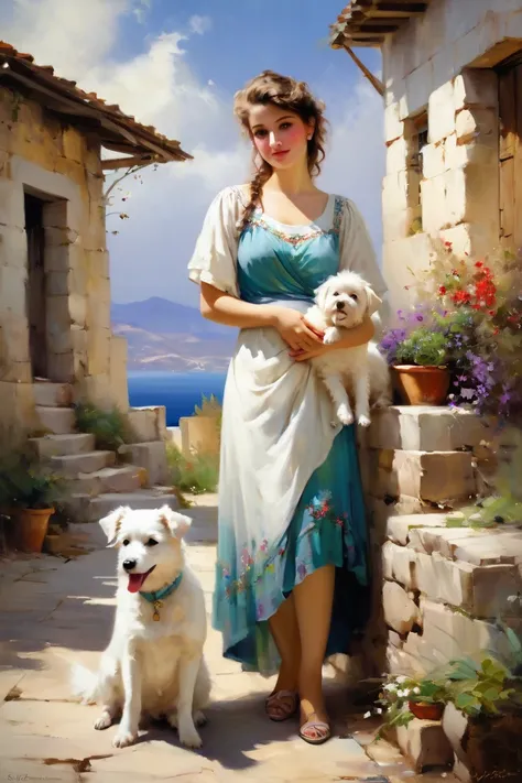 Oil painting in Pino Daeni style, Greece 2024, woman 22 in dress, in yard of stone house, holding white dog, adorable oil painting, inspired by Pino Daeni, Sophie Anderson Style, Classic Portrait, Sophie Gingerer Anderson, Airbrush Digital Oil Painting, wh...