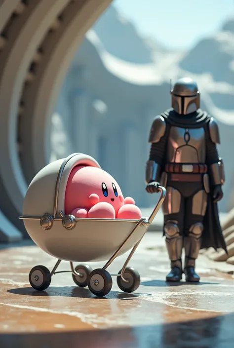 Kirby sitting in a scifi pram with no wheels that is floating off the ground 

The mandalorian walking next to the pram