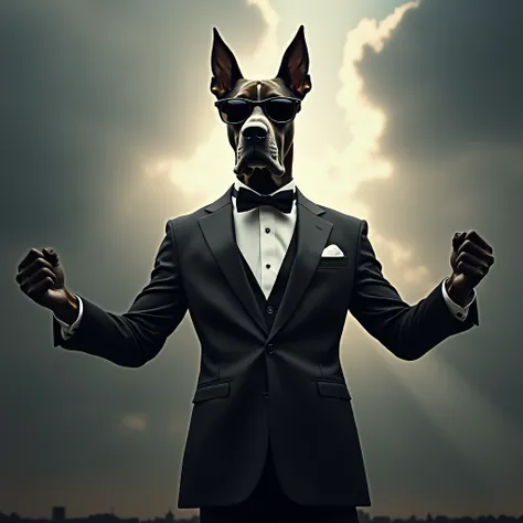  Create an image of a dog of the Great Dane breed standing ,  in a confident and powerful pose ,  with open arms like the famous Iron Man scene .  He is wearing an elegant black suit with a white shirt and a black bow tie.  The Great Dane is also wearing p...