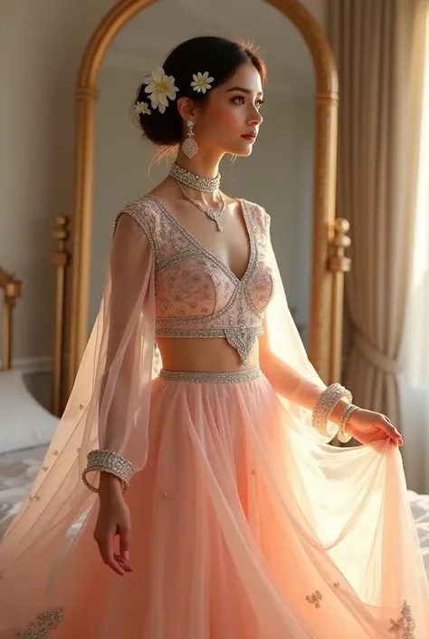 A beautiful matured girl dressed in a soft peach-pink lehenga choli with silver embroidery. The lehenga flowed elegantly as she twirled, catching the light with every movement. Her hair was styled in a sleek bun with a few wisps framing her face, decorated...