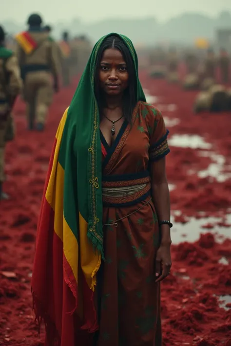 A woman wearing an Ethiopian flag is crying and the place is filled with the blood of dead people