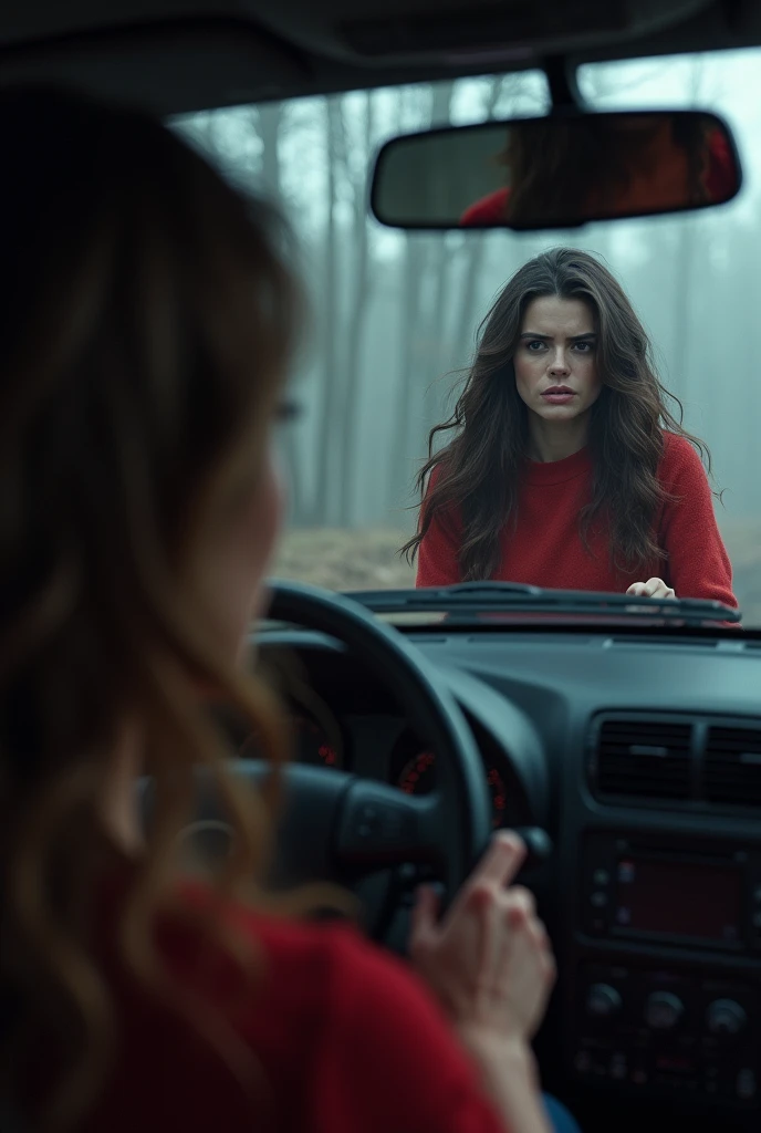 Create a woman with wavy brown hair in casual clothes and is very agitated in a car watching from the rearview mirror a woman in the back seat with all her hair on her face dressed in a red jumper and looking down