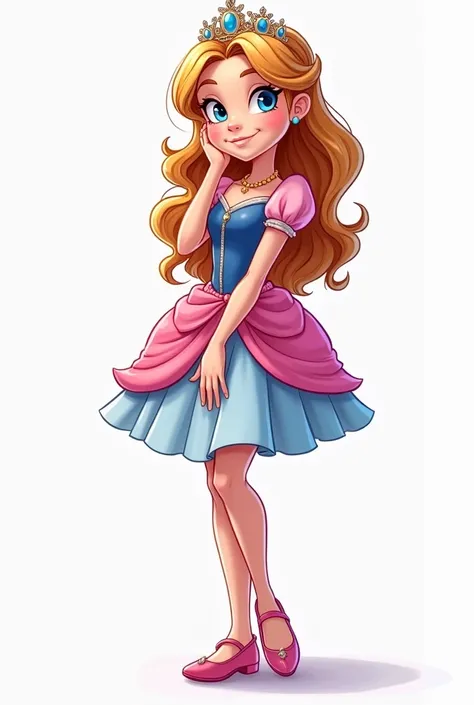 A princess girl, sixteen years old, blue eyes, dress pink and blue, left hand on face, s style, white background, whole body, full body, ((((white background))))), cartoon style, white background, Sketch style.