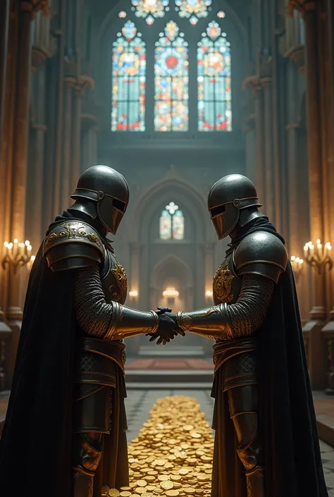 Two knights giving each other gold coins inside a dark fantasy style cathedral 