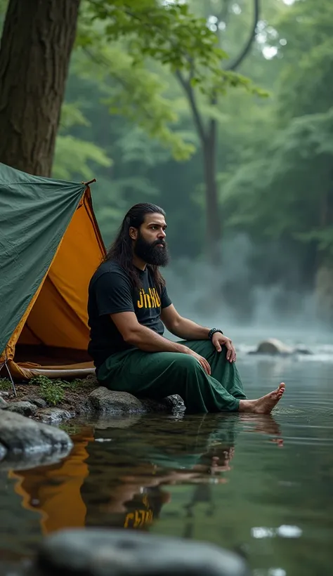 Photo realistic front view of a slightly fat man with very long straight hair parted in the middle, relaxing in front of a camping tent, wearing a black t-shirt with the text "Jihad" written in yellow and wearing a green Muslim sarong wrapped around his wa...