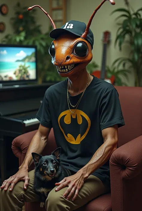 Dans un style ultra réaliste hyperréaliste étrange burlesque bizarre et de très haute qualité.un homme anthropomorphe avec une vraie tête de fourmi les dents cassées une casquette sur laquelle est écrit LA, un t-shirt de Batman. un style étrange bizarre lu...