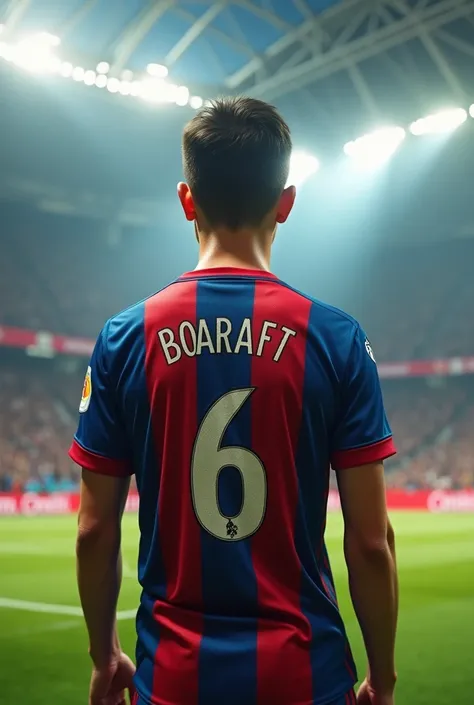  Young man ,  wearing a football shirt with a pointed number ( 6), with his back name  ( " BOR  "), 
 Photo of angel camera from behind , The atmosphere of the football stadium. 
realistic, 28k