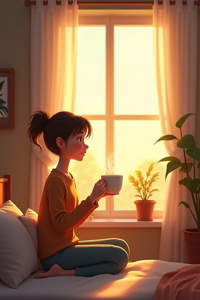  Give me an image with this promt Someone waking up early,  opening a window to receive sunlight , with a cup of coffee in hand .