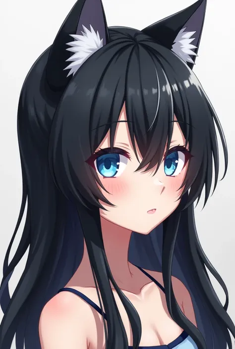 Anime Black-haired woman with a wolfs ear with blue eyes
