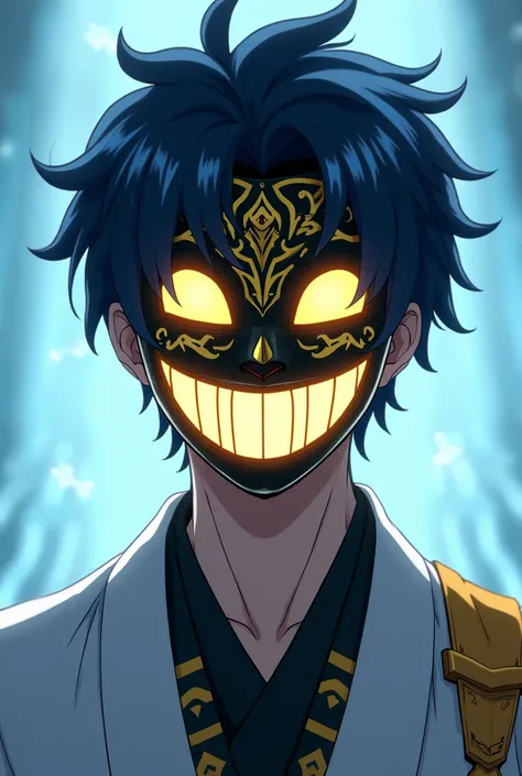   Young man, not too young,  anime battle style ,  dark blue hair ,  fringe,  but not very large  ,   wearing smiley mask covering the face  ,   white mask with gold and black details,   mask similar to a comedy mask  ,    well-defined body   , white and g...