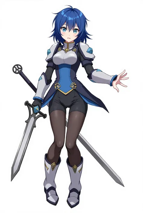 byleth_(fire_emblem), byleth_(fire_emblem)_(female), nsfw 1girl, weapon, pantyhose, solo, shorts, blue_eyes, black_shorts, holding_weapon, full_body, short_shorts, closed_mouth, blue_hair, transparent_background, holding, medium_hair, dagger, bangs, armor,...